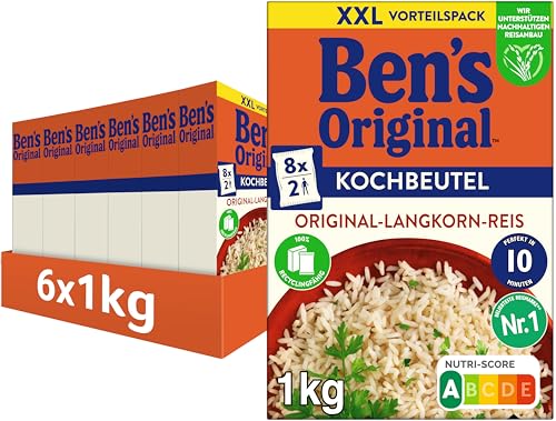 BEN’S ORIGINAL Ben's Original Original-Langkorn-Reis, 10 Minuten Kochbeutel, 6 Packungen (6 x 1kg) von Ben's Original