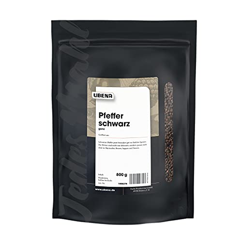 UBENA Pfefferkörner schwarz ganz im wiederverschließbaren Vorratsbeutel, für Pfeffermühle geeignet, 1er Pack (1 x 800 g) von Ubena Foodservice