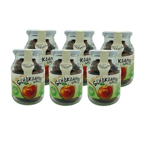 Ubina Apfelspalten Schokofrüchte in Vollmilch-Schokolade, Schokoobst im MEHRWEGglas (inkl. 0,90€ Pfand), dried Schokofrüchte Schokolade, 6 x 175g Vollmilch-Schokoladen-Apfel von Ubina