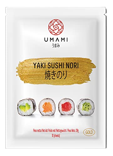Umami Nori-Algen GOLD-Qualität 10 Blatt (28 g) – Hergestellt aus Algen aus kontrollierten Meeren, bei niedriger Temperatur geröstet, knackig und aromatisch von Umami