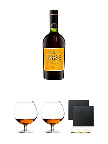 1866 Brandy Gran Reserva 0,7 Liter + Cognacglas/Schwenker Stölzle 1 Stück - 103/18 + Cognacglas/Schwenker Stölzle 1 Stück - 103/18 + Schiefer Glasuntersetzer eckig ca. 9,5 cm Ø 2 Stück von Unbekannt