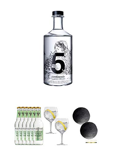 5 Continents Hamburg Dry Gin 0,7 Liter + Fever Tree Elderflower Tonic Water 6 x 0,2 Liter + Spiegelau Gin & Tonic 4390179 2 Gläser + Schiefer Glasuntersetzer RUND ca. 2 x 9,5 cm Durchmesser von Diverse