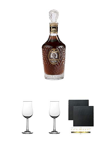 A.H. Riise Non Plus Ultra Rum 42% 0,7 Liter + 2 Bugatti Nosing Gläser mit Eichstrich 2cl und 4cl + 2 Schiefer Glasuntersetzer eckig ca. 9,5 cm Ø von Unbekannt