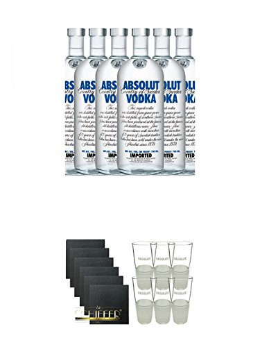 Absolut Blue Vodka 6 x 0,70 Liter + Schiefer Glasuntersetzer eckig 6 x ca. 9,5 cm Durchmesser + Absolut Gläser 6er Karton von Unbekannt