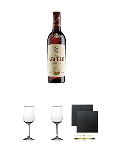 Abuelo Anejo Reserva Especial Rum Panama 0,7 Liter + 2 Bugatti Nosing Gläser mit Eichstrich 2cl und 4cl + 2 Schiefer Glasuntersetzer eckig ca. 9,5 cm Ø von Unbekannt