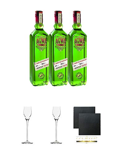 Agwa de Bolivia Likör aus der Kokapflanze mit Ginseng 3 x 0,7 Liter + Edelbrandglas Stölzle 1 Stück - Quadrophil 231/30 + Edelbrandglas Stölzle 1 Stück - Quadrophil 231/30 + Schiefer Glasuntersetzer eckig ca. 9,5 cm Ø 2 Stück von Unbekannt