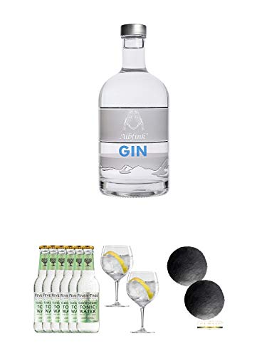 Albfink Dry Gin Deutschland 0,5 Liter + Fever Tree Elderflower Tonic Water 6 x 0,2 Liter + Spiegelau Gin & Tonic 4390179 2 Gläser + Schiefer Glasuntersetzer RUND ca. 2 x 9,5 cm Durchmesser von Unbekannt