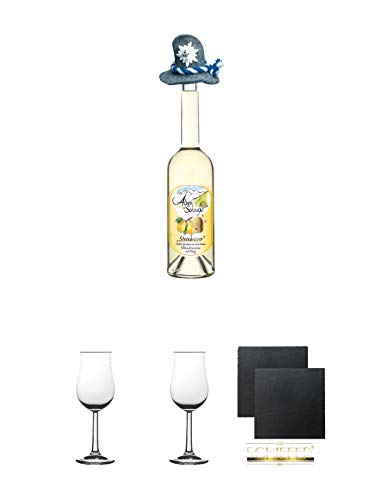 Alpenschnaps Steinbeisser HONIG - Williamsbirne 33 % 0,5 Liter + Nosing Gläser Kelchglas Bugatti mit Eichstrich 2cl und 4cl 1 Stück + Nosing Gläser Kelchglas Bugatti mit Eichstrich 2cl und 4cl 1 Stück + Schiefer Glasuntersetzer eckig ca. 9,5 cm Ø 2 Stück von Unbekannt