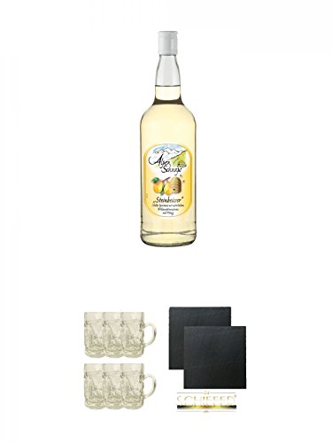 Alpenschnaps Steinbeisser HONIG - Williamsbirne 33% 1,0 Liter + Alpenschnaps Mini-Krug mit Henkel & Eichstrich 4 cl 6er Set + Schiefer Glasuntersetzer eckig ca. 9,5 cm Ø 2 Stück von Unbekannt