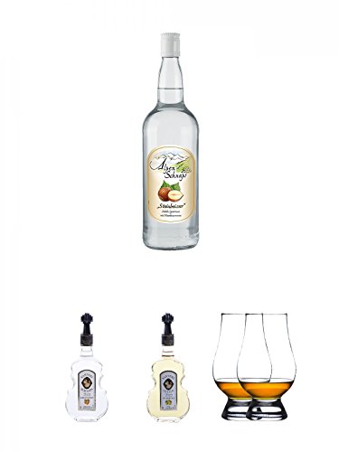 Alpenschnaps Steinbeisser Haselnuss 1,0 Liter + Nannerl Marillenschnaps 38% in Geigenform 0,5 Liter + Nannerl Williamsbirnen - Likör 20% in Geigenform 0,5 Liter + The Glencairn Glas Stölzle 2 Stück von Unbekannt