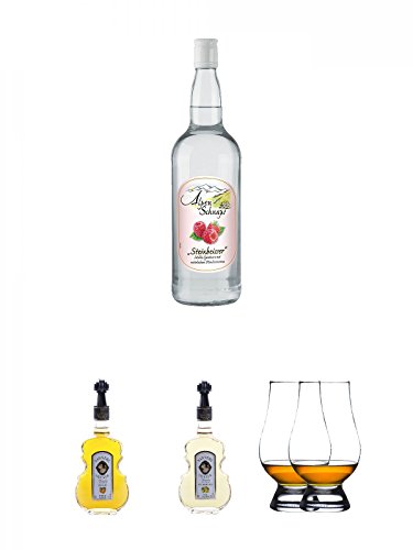 Alpenschnaps Steinbeisser Himbeere 1,0 Liter + Nannerl Marillen Likör 20% in Geigenform 0,5 Liter + Nannerl Williamsbirnen - Likör 20% in Geigenform 0,5 Liter + The Glencairn Glas Stölzle 2 Stück von Unbekannt