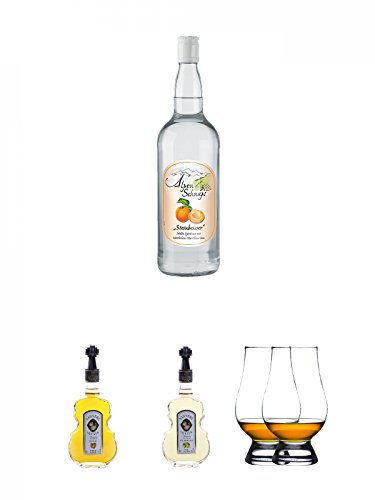 Alpenschnaps Steinbeisser Marille 1,0 Liter + Nannerl Marillen Likör 20% in Geigenform 0,5 Liter + Nannerl Williamsbirnen - Likör 20% in Geigenform 0,5 Liter + The Glencairn Glas Stölzle 2 Stück von Unbekannt