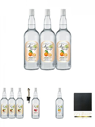 Alpenschnaps Steinbeisser Marille 3 x 1,0 Liter + Alpenschnaps Steinbeisser Haselnuss 3 x 1,0 Liter + Alpenschnaps Steinbeisser Himbeere 1,0 Liter + Ausgießer + Alpenschnaps Steinbeisser Williamsbirne 1,0 Liter + Schiefer Glasuntersetzer eckig ca. 9,5 cm von Unbekannt