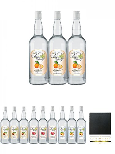 Alpenschnaps Steinbeisser Marille 3 x 1,0 Liter + Alpenschnaps Steinbeisser Haselnuss 3 x 1,0 Liter + Alpenschnaps Steinbeisser Himbeere 3 x 1,0 Liter + Alpenschnaps Steinbeisser Williamsbirne 3 x 1,0 Liter + Schiefer Glasuntersetzer eckig ca. 9,5 cm Durc von Unbekannt