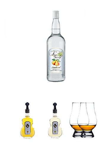 Alpenschnaps Steinbeisser Williamsbirne 1,0 Liter + Nannerl Marillen Likör 20 % in Geigenform 0,5 Liter + Nannerl Williamsbirnen - Likör 20 % in Geigenform 0,5 Liter + The Glencairn Glas Stölzle 2 Stück von Unbekannt