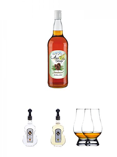 Alpenschnaps Zirbe Zirbenliqueur 1,0 Liter + Nannerl Marillenschnaps 38% in Geigenform 0,5 Liter + Nannerl Williamsbirnen - Likör 20% in Geigenform 0,5 Liter + The Glencairn Glas Stölzle 2 Stück von Unbekannt