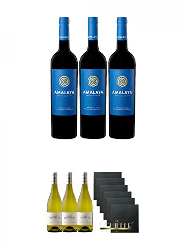 Amalaya Wein (blaues Label) Argentinien 3 x 0,75 Liter + Domaine Horgelus Blanc 3 x 0,75 Liter + Schiefer Glasuntersetzer eckig 6 x ca. 9,5 cm Durchmesser von Unbekannt