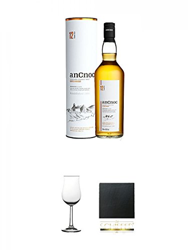AnCnoc 12 Jahre Single Malt Whisky 0,7 Liter + Whisky Nosing Gläser Kelchglas Bugatti mit Eichstrich 2cl und 4cl 1 Stück + Schiefer Glasuntersetzer eckig ca. 9,5 cm Durchmesser von Unbekannt