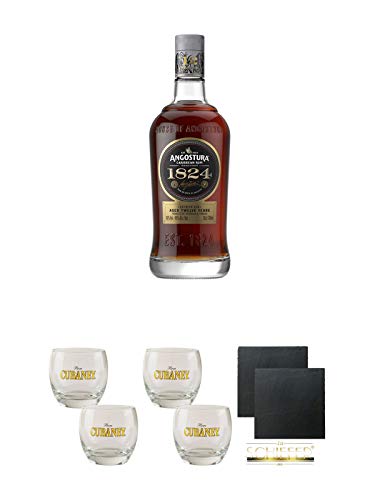 Angostura 1824 12 Jahre Rum Trinidad & Tobago 0,7 Liter + Ron Cubaney Rum Tumbler 2 Stück + Ron Cubaney Rum Tumbler 2 Stück + Schiefer Glasuntersetzer eckig ca. 9,5 cm Ø 2 Stück von Unbekannt