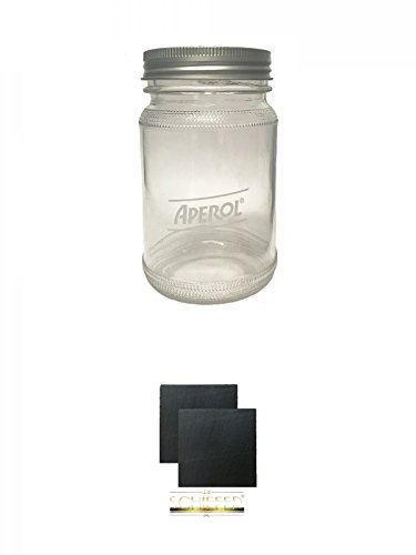 Aperol Trinkglas mit Schraubdeckel + Schiefer Glasuntersetzer eckig ca. 9,5 cm Ø 2 Stück von Unbekannt