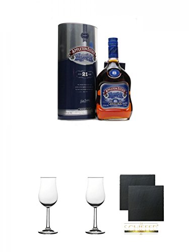 Appleton Estate Extra 21 Jahre Jamaika Rum 0,7 Liter + Whisky Nosing Gläser Kelchglas Bugatti mit Eichstrich 2cl und 4cl 1 Stück + Whisky Nosing Gläser Kelchglas Bugatti mit Eichstrich 2cl und 4cl 1 Stück + Schiefer Glasuntersetzer eckig ca. 9,5 cm Ø 2 St von Unbekannt