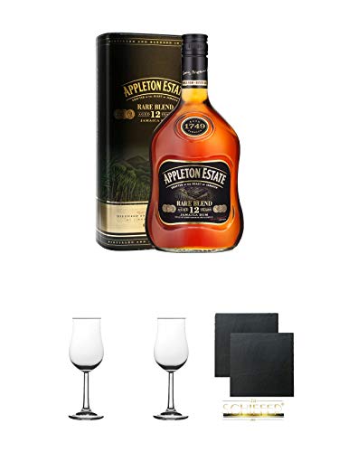 Appleton Estate Rare Blend 12 Jahre (43%) Jamaika Rum 0,7 Liter + 2 Bugatti Nosing Gläser mit Eichstrich 2cl und 4cl + 2 Schiefer Glasuntersetzer eckig ca. 9,5 cm Ø von Unbekannt