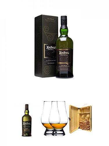 Ardbeg Corryvreckan Islay Single Malt Whisky 0,7 Liter + Ardbeg TEN 10 Jahre Islay Single Malt Whisky 0,7 Liter + The Glencairn Glass Whisky Glas Stölzle 2 Stück + 1a Whisky Holzbox für 2 Flaschen mit Hakenverschluss von Unbekannt