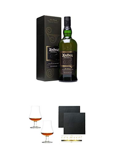 Ardbeg Corryvreckan Islay Single Malt Whisky 0,7 Liter + Stölzle Nosingglas für Whisky 2 Gläser - 1610031 + Schiefer Glasuntersetzer eckig ca. 9,5 cm Ø 2 Stück von Unbekannt