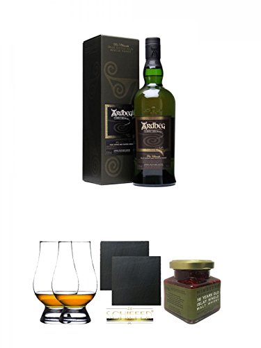 Ardbeg Corryvreckan Islay Single Malt Whisky 0,7 Liter + The Glencairn Glass Whisky Glas Stölzle 2 Stück + Schiefer Glasuntersetzer eckig ca. 9,5 cm Ø 2 Stück + Islay 16 Jahre Single Malt Himbeer Marmelade 150g im Glas von Unbekannt