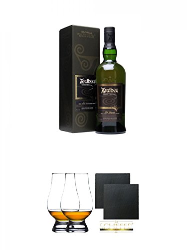 Ardbeg Corryvreckan Islay Single Malt Whisky 0,7 Liter + The Glencairn Glass Whisky Glas Stölzle 2 Stück + Schiefer Glasuntersetzer eckig ca. 9,5 cm Ø 2 Stück von Unbekannt