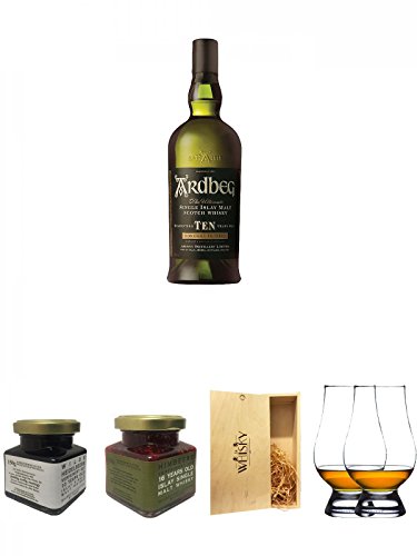 Ardbeg TEN 10 Jahre Islay Single Malt Whisky 0,7 Liter + Islay 10 Jahre Single Malt Heidelbeer Marmelade 150g im Glas + Islay 16 Jahre Single Malt Himbeer Marmelade 150g im Glas + 1a Whisky Holzbox für 2 Flaschen mit Schiebedeckel + The Glencairn Glass Wh von Unbekannt