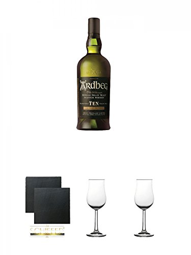 Ardbeg TEN 10 Jahre Islay Single Malt Whisky 0,7 Liter + Schiefer Glasuntersetzer eckig ca. 9,5 cm Ø 2 Stück + Whisky Nosing Gläser Kelchglas Bugatti mit Eichstrich 2cl und 4cl 1 Stück + Whisky Nosing Gläser Kelchglas Bugatti mit Eichstrich 2cl und 4cl 1 von Unbekannt