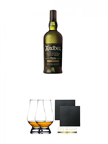 Ardbeg TEN 10 Jahre Islay Single Malt Whisky 0,7 Liter + The Glencairn Glass Whisky Glas Stölzle 2 Stück + Schiefer Glasuntersetzer eckig ca. 9,5 cm Ø 2 Stück von Unbekannt