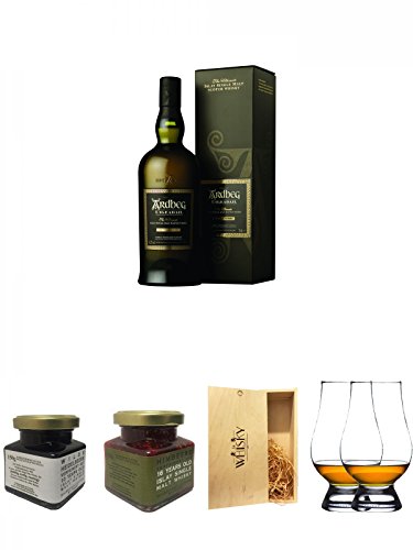 Ardbeg Uigeadail Islay Single Malt Whisky 0,7 Liter + Islay 10 Jahre Single Malt Heidelbeer Marmelade 150g im Glas + Islay 16 Jahre Single Malt Himbeer Marmelade 150g im Glas + 1a Whisky Holzbox für 2 Flaschen mit Schiebedeckel + The Glencairn Glass Whisk von Unbekannt