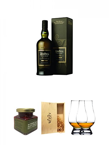 Ardbeg Uigeadail Islay Single Malt Whisky 0,7 Liter + Islay 16 Jahre Single Malt Himbeer Marmelade 150g im Glas + 1a Whisky Holzbox für 2 Flaschen mit Schiebedeckel + The Glencairn Glass Whisky Glas Stölzle 2 Stück von Unbekannt