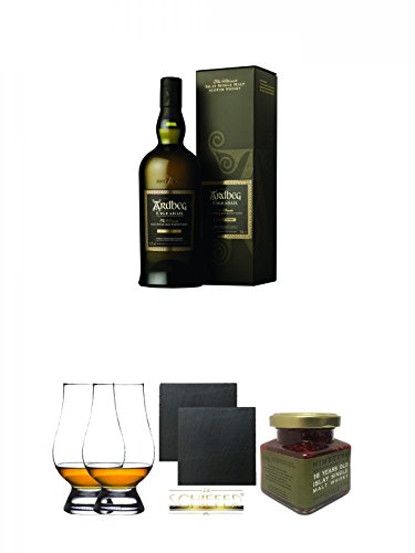 Ardbeg Uigeadail Islay Single Malt Whisky 0,7 Liter + The Glencairn Glass Whisky Glas Stölzle 2 Stück + Schiefer Glasuntersetzer eckig ca. 9,5 cm Ø 2 Stück + Islay 16 Jahre Single Malt Himbeer Marmelade 150g im Glas von Unbekannt