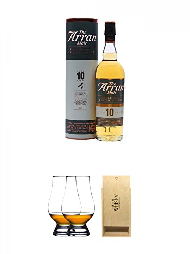 Arran 10 Jahre Single Malt Whisky 0,7 Liter + The Glencairn Glass Whisky Glas Stölzle 2 Stück + 1a Whisky Holzbox für 2 Flaschen mit Schiebedeckel von Unbekannt
