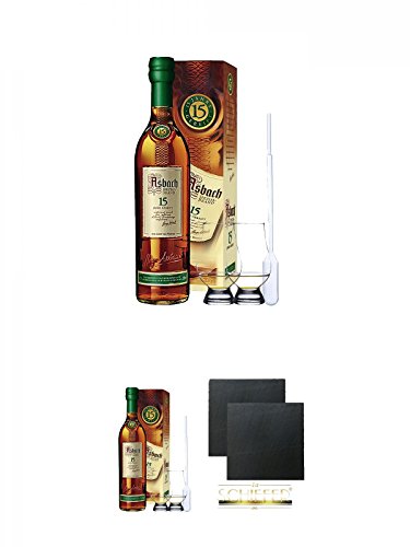 Asbach 15 Jahre Spezialbrand 0,7 Liter + 2 Glencairn Gläser und Einwegpipette + Asbach 15 Jahre Spezialbrand 0,7 Liter + 2 Glencairn Gläser und Einwegpipette + Schiefer Glasuntersetzer eckig ca. 9,5 cm Ø 2 Stück von Unbekannt