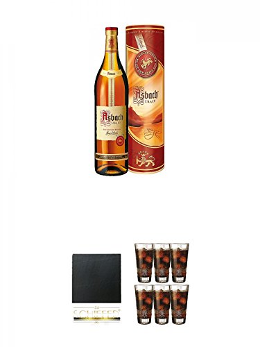 Asbach Uralt klassischer deutscher Weinbrand 0,7 Liter + Schiefer Glasuntersetzer eckig ca. 9,5 cm Durchmesser + Asbach Cola Gläser 6er Karton von Unbekannt