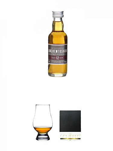 Auchentoshan 12 Jahre Single Malt Whisky Miniatur 5 cl + The Glencairn Glass Whisky Glas Stölzle 1 Stück + Schiefer Glasuntersetzer eckig ca. 9,5 cm Durchmesser von Unbekannt