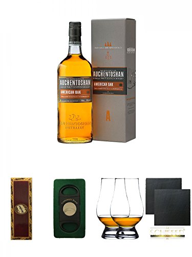 Auchentoshan American Oak Single Malt Whisky 0,7 Liter + BrickHouse Streichhölzer + Craftsman's Bench Zigarrencutter + The Glencairn Glass Whisky Glas Stölzle 2 Stück + Schiefer Glasuntersetzer eckig ca. 9,5 cm Ø 2 Stück von Unbekannt