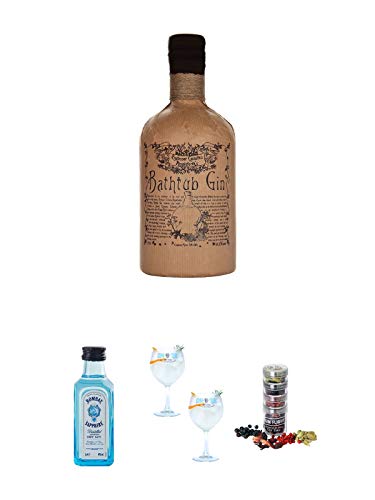 BATHTUB Small Batch 43,3 0,7 Liter + Bombay Sapphire Gin 5 cl Miniatur + Gin Sul Copo Ballon Glas 2 Stück + Gin Flight Gewürze zum Verfeinern von Gin Tonic 1er Pack 1 x 12 Gramm von Unbekannt