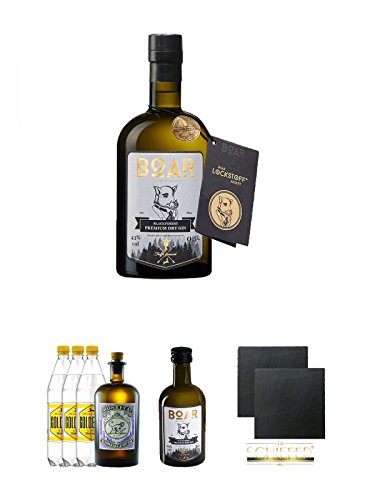 BOAR Premium Dry Gin Schwarzwald Dry Gin 0,5 Liter + Monkey 47 Gin & 3 x 1,0 Liter Goldberg BIG Tonic Set + BOAR Premium Dry Gin Schwarzwald Dry Gin 0,05 Liter Miniatur + Schiefer Glasuntersetzer eckig ca. 9,5 cm Ø 2 Stück von Unbekannt