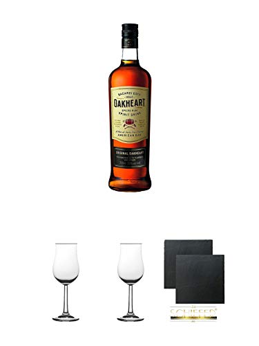 Bacardi Oakheart 0,7 Liter + 2 Bugatti Nosing Gläser mit Eichstrich 2cl und 4cl + 2 Schiefer Glasuntersetzer eckig ca. 9,5 cm Ø von Unbekannt