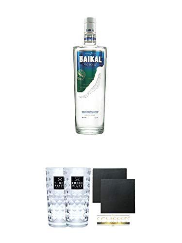 Baikal Vodka 0,7 Liter 40% + Three Sixty Vodka Gläser 2 Stück + Schiefer Glasuntersetzer eckig ca. 9,5 cm Ø 2 Stück von Unbekannt