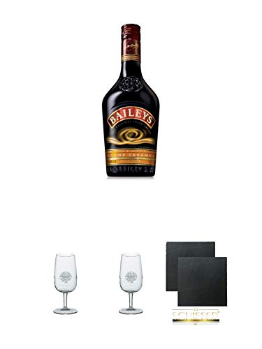 Baileys Cream CARAMEL Whiskylikör 0,7 Liter + Classic Malt Nosing Glas mit Aufschrift 1 Glas + Classic Malt Nosing Glas mit Aufschrift 1 Glas + Schiefer Glasuntersetzer eckig ca. 9,5 cm Ø 2 Stück von Unbekannt