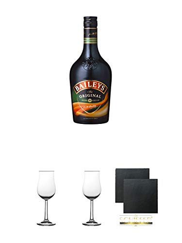 Baileys Cream Sahne Whiskylikör Irland 1,0 Liter + Whisky Nosing Gläser Kelchglas Bugatti mit Eichstrich 2cl und 4cl 1 Stück + Whisky Nosing Gläser Kelchglas Bugatti mit Eichstrich 2cl und 4cl 1 Stück + Schiefer Glasuntersetzer eckig ca. 9,5 cm Ø 2 Stück von Unbekannt