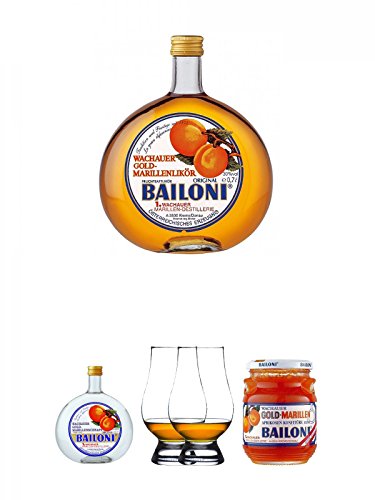 Bailoni Gold Marillen Schnaps Österreich 0,7 Liter + Bailoni Marillen Likör Österreich 0,7 Liter + The Glencairn Glass Whisky Glas Stölzle 2 Stück + Bailoni Wachauer Gold-Marillenkonfitüre 450 Gramm Glas von Unbekannt