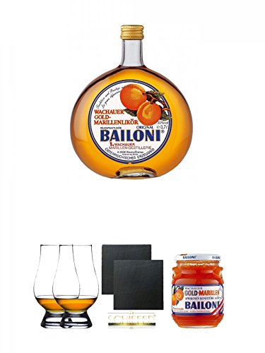 Bailoni Marillen Likör Österreich 0,7 Liter + The Glencairn Glass Whisky Glas Stölzle 2 Stück + Schiefer Glasuntersetzer eckig ca. 9,5 cm Ø 2 Stück + Bailoni Wachauer Gold-Marillenkonfitüre 450 Gramm Glas von Unbekannt