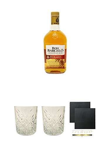 Barcelo Dorado Dominikanische Republik 0,7 Liter + Rum Glas 1 Stück + Rum Glas 1 Stück + Schiefer Glasuntersetzer eckig ca. 9,5 cm Ø 2 Stück von Unbekannt